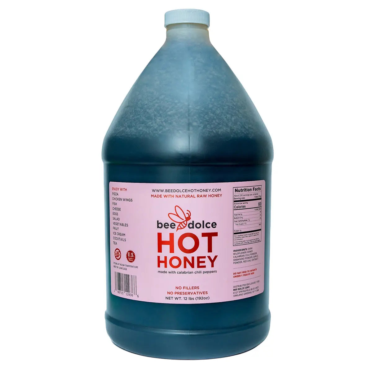 Bee Dolce Hot Honey Gallon Bottle, Pink Label, Frontal