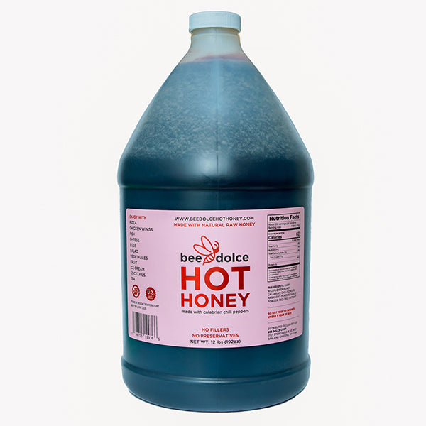 Bee Dolce Hot Honey, Gallon Bottle Front