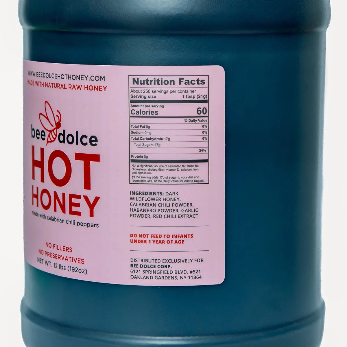 Bee Dolce Hot Honey Gallon Pink Label, Sideview, Close Up